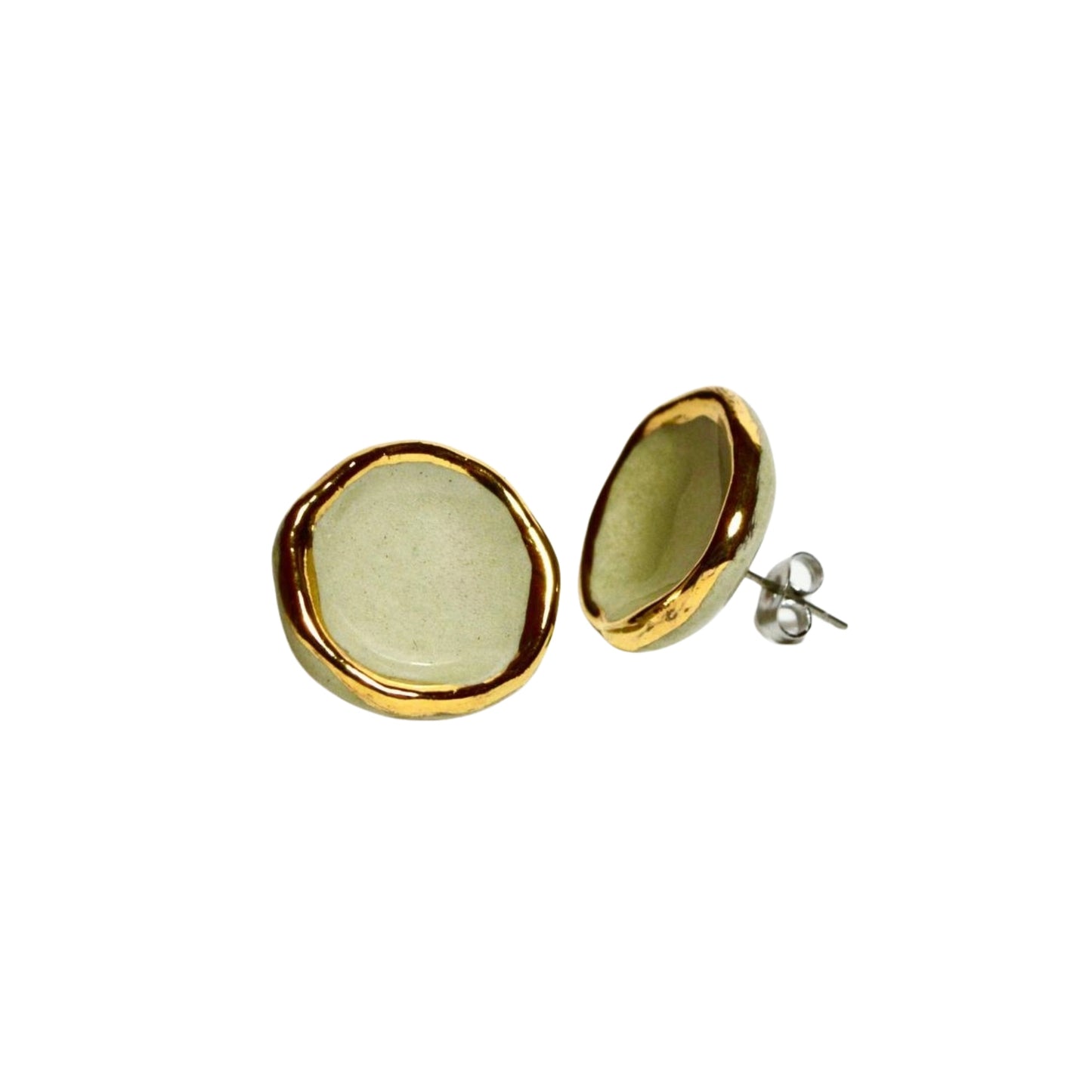 Caleda | Handcrafted sage green ceramic stud earrings with gold luster banceramiche