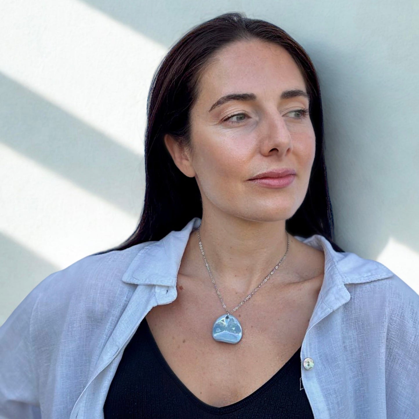 Perla | Handcrafted pearl light blue ceramic necklace Pearl light blue Small banceramiche