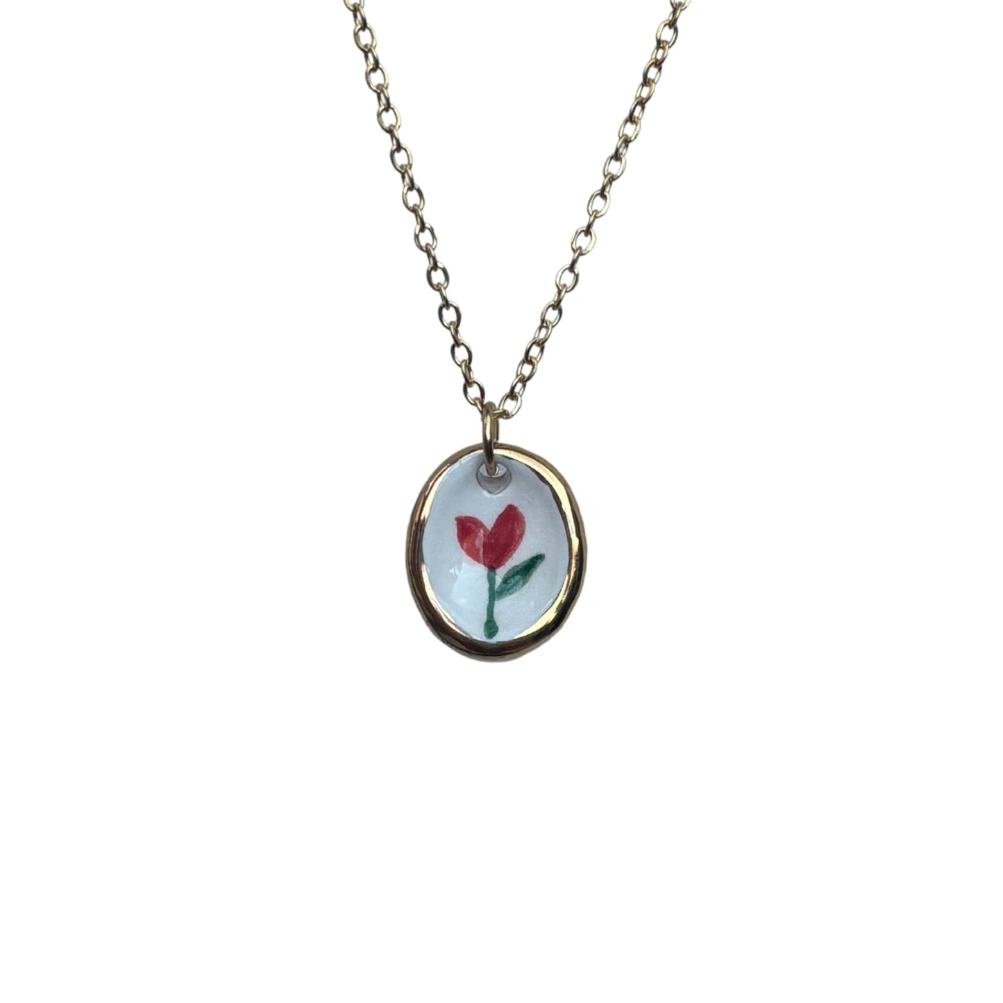 Tulip | Handcrafted white ceramic necklace with golden edges and flower White with gold edging banceramiche
