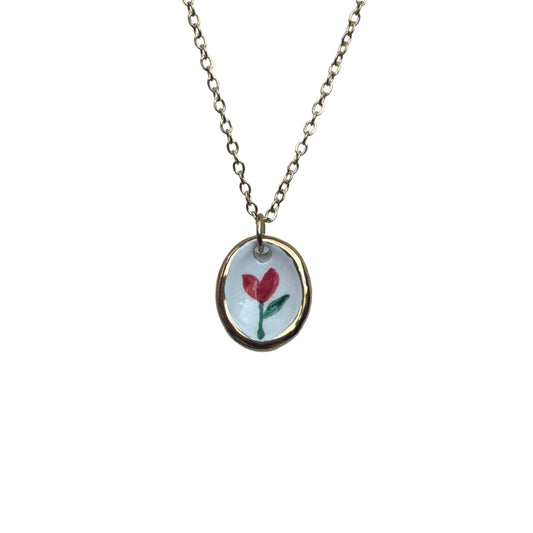 Tulip | Handcrafted white ceramic necklace with golden edges and flower White with gold edging banceramiche