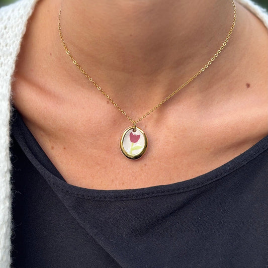 Tulip | Handcrafted white ceramic necklace with golden edges and flower banceramiche